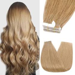 Silk-co Tape Extensions Echthaar 10stk, Remy Tape in Extensions Haarverlängerung, Skin Weft Echthaar Haarextensions Tape Kleber 25g, 27# Dunkelblond 55cm von Silk-co