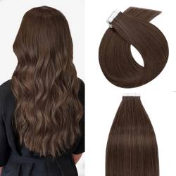 Silk-co Tape Extensions Echthaar 20stk, Haarverlängerung Tape in Extensions Echthaar, Remy Haarextension Kleber Skin Weft Tape Ins, 50g 04# Schokoladenbraun 55cm von Silk-co