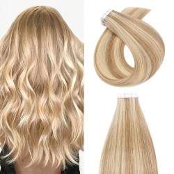 Silk-co Tape Extensions Echthaar 20stk, Haarverlängerung Tape in Extensions Echthaar, Remy Haarextension Kleber Skin Weft Tape Ins, 50g 12P613# Goldenbraun mix Bleichblond 40cm von Silk-co