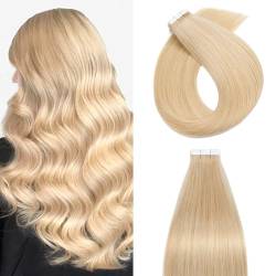 Silk-co Tape Extensions Echthaar 20stk, Haarverlängerung Tape in Extensions Echthaar, Remy Haarextension Kleber Skin Weft Tape Ins, 50g 24# Blond 40cm von Silk-co