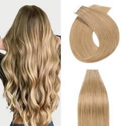 Silk-co Tape Extensions Echthaar 20stk, Haarverlängerung Tape in Extensions Echthaar, Remy Haarextension Kleber Skin Weft Tape Ins, 50g 27# Dunkelblond 50cm von Silk-co