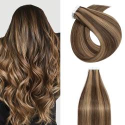 Silk-co Tape Extensions Echthaar 20stk, Haarverlängerung Tape in Extensions Echthaar, Remy Haarextension Kleber Skin Weft Tape Ins, 50g 4P27# Schokoladenbraun mix Dunkelblond 60cm von Silk-co