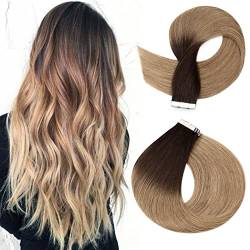 Silk-co Tape Extensions Echthaar 20stk, Haarverlängerung Tape in Extensions Echthaar, Remy Haarextension Kleber Skin Weft Tape Ins, 50g 4T27# Schokoladenbraun zu Dunkelblond 50cm von Silk-co