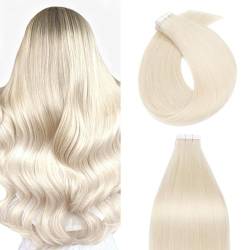 Silk-co Tape Extensions Echthaar 20stk, Haarverlängerung Tape in Extensions Echthaar, Remy Haarextension Kleber Skin Weft Tape Ins, 50g 70# Bleichweiß 40cm von Silk-co