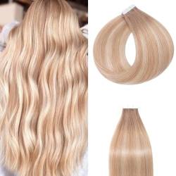 Silk-co Tape Extensions Echthaar 40cm, 20stk Haarverlängerung Tape in Extensions Echthaar, Remy Haarextension Kleber Skin Weft Tape Ins, 50g Hellbraun bis Dunkelblond Highlight Platinblond von Silk-co