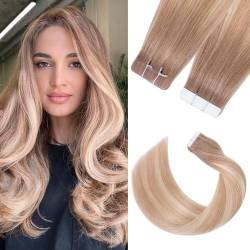 Silk-co Tape in Extensions Echthaar 20stk, leicht Tape Extensions Echthaar, Remy Haarextensions Tape in Haarverlängerung Kleber Skin Weft 30g Hellbraun bis Dunkelblond Highlight Platinblond 45cm von Silk-co