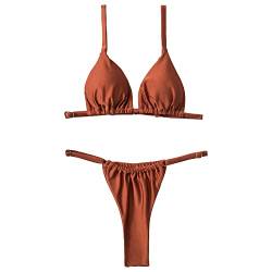 Silkglory Bikini Damen, Triangle Bikini Damen Zweiteiliger Curvy Badeanzug Damen Mit V-Ausschnitt,Tanga Bikini Sexy String Bikini Bademode, Glitzer Modisches Braunes Bikini Set – L von Silkglory