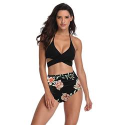 Silkglory Bikini Damen,Badeanzug Damen Bauchweg Halfter Sexy String Bikini Damen Push Up Zweierpack,Schwarzer Bikini Set mit Blumenmuster High Waist Bikini Damen - S von Silkglory