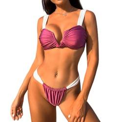 Silkglory Bikini Damen Set,V-Ausschnitt Push Up Bikini Zweiteilige Badeanzug,Brazilian Sexy Curvy Hoher Schnitt Tanga Bikini Glitzernde Weiße und Violette Nähte Bademode – L von Silkglory