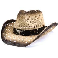 Cowboyhut, Damen Herren Erwachsene Gewebt Stroh Western Cowboy Hut Cowgirl Hat Wild Classic Strohhut für Männer Musikfestival Party Strand Dress Up (DE/NL/SE/PL, Alphanumerisch, M, Kaffee) von Silom