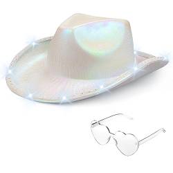 Cowboyhut für Damen, funkelnde Cowgirl-Hüte, Weltraum, Neon, Glitzer, leuchtende Hüte mit Herzbrille, ausgefallen, metallisch, holografisch, Disco, Halloween, Geburtstag, Junggesellinnenabschied von Silom