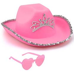 Silom Cowboyhut, Halloween-Kostüm, Cowgirl-Hut für Damen, Herren, Erwachsene, Western-Cowgirl-Hut mit Herzbrille, verkleiden Sich Geburtstag, Cowgirl-Kostüm für Bachelorette (Pink-Tiara) von Silom