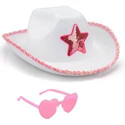 Silom Cowboyhut, Halloween-Kostüm, Cowgirl-Hut für Damen, Herren, Erwachsene, Western-Cowgirl-Hut mit Herzbrille, verkleiden Sich Geburtstag, Cowgirl-Kostüm für Bachelorette (Weiss) von Silom