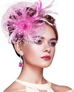 Silom Fascinators Hut für Frauen,Cocktail Tee Party Kopfbedeckung Blume Mesh Feder Fascinator Mädchen Blume Haarclip Braut Kopfschmuck Hochzeit Kirche Hüte, weiß, 7 1/8 (Rosa) von Silom