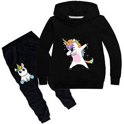 Silver Basic Unisex Einhorn Jogginganzüge Mädchen Baumwolle Fun-Bekleidung Kinder Kapuzenpullover & Hosen Sets Jungen Langarm Hoodie (110 (Höhe 85-95cm), Black) von Silver Basic