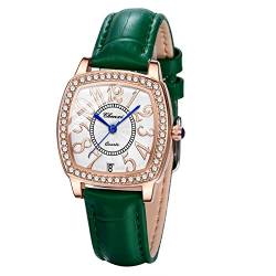 Silverora Damen-Armbanduhr, Quarz, analog, aus echtem Leder, Konturenuhr, Strass, luxuriös, wasserdicht, Quadratisch-Grün von Silverora