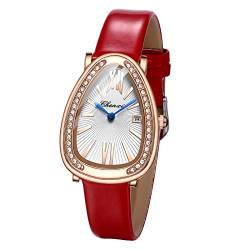 Silverora Damen-Armbanduhr, Quarz, analog, aus echtem Leder, Konturenuhr, Strass, luxuriös, wasserdicht, rot von Silverora