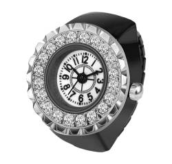 Silverora Fingeruhr Ringuhr Damen Elastische: Strass Volldiamant Analog Quarz Uhrenring Verstellbar Ring Uhren mit Arabische Ziffern Genschenke für Frauen Mädchen Schwarz von Silverora