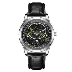 Silverora Herrenuhren Leder Uhr Herren- Analoge Quarz Armbanduhr mit Lederarmband Sternzifferblatt Armbanduhren mit leuchtende Galaxie Geschenke für Männer Schwarz von Silverora