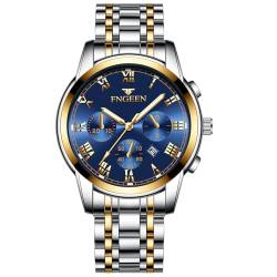 Silverora Herrenuhren Paaruhren Edelstahl Kalender: 3ATM Wasserdicht DREI Augen Multifunktion Analoge Quarz Armbanduhr mit Leuchtende Zeiger Edelstahlarmband Uhr Geschenke für Männer Gold Blau von Silverora