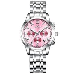 Silverora Uhren Damen Edelstahl Kalender: 3ATM Wasserdicht DREI Augen Multifunktion Analoge Quarz Armbanduhr mit Leuchtende Zeiger Edelstahlarmband Uhr Geschenke für Frauen Silber Rosa von Silverora