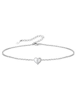 Damen Fußkette/Armbänder mit Buchstaben E Anhänger Mini Kleine Initial Herz Anhänger S925 Silber Damen Fußkettchen/Armreif mit Buchstaben Geburtstag Geschenk für Mädchen von Silvora