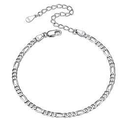 Silvora 925 Silber Damen Armband 3mm breit Klassisches Figaro Armband/Fußkettchen 41cm+5cm Verstellbare Figaro Armbänder/Fußkette Modeschmuck Armbänder Accessoires von Silvora