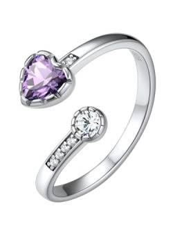 Silvora 925 Silber Zirkonia Fingerring 2mm breit Offener Verstellbarer Geburtsstein Bandring Schlichter Herz Amethyst Ehering Hochzeitsring Partnerring Ringgröße 52 (16.5)-62 (20) von Silvora