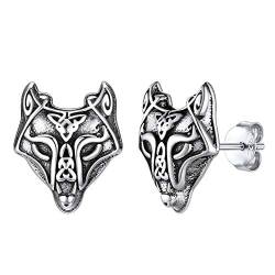 Silvora Herren Damen Ohrringe S925 Silber Wolfskopf Ohrstecker Viking Keltischer Knoten Ohrringe für Männer Mädchen Punk Gotik Wolfskopf Ohrring mit Wikinger Element in Altertung Effekt von Silvora