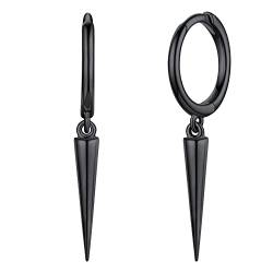 Silvora Ohrklemme aus S925 Silber Uniesex Huggie Hoop mit Langer Kegel Anhänger 10mm Innendurchmesser Damen/Herren Schwarz Klein Creolen Ohrring für Freundin,Freund von Silvora