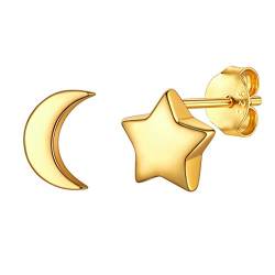 Stern und Mond Asymmetrie Basic 925 Sterling Silber Damen Ohrring 18K Vergoldet Knorpel Ohrstecker für Damen Mädchen Frauen von Silvora