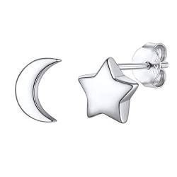 Stern und Mond Asymmetrie Basic 925 Sterling Silber Damen Ohrring Silber Knorpel Ohrstecker für Damen Mädchen Frauen von Silvora