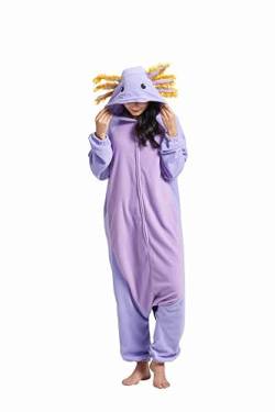 SimZoo Tier-Einteiler-Pyjama für Erwachsene, Herren- und Damenkostüm, lila Axolotl-Nachtwäsche, Einteilige Unisex-Hauskleidung von SimZoo