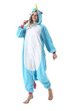 SimZoo Tier Onesies Kostüm Cosplay Pyjama Unisex Erwachsene Fasching Halloween Blaues Einhorn S(140-155CM) von SimZoo