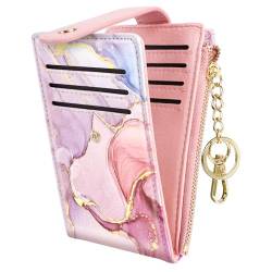 Schlanke RFID-blockierende Geldbörse für Damen, niedlich, klein, mehrere Karten, Organizer, Faltbörse mit Schlüsselbund und Reißverschlusstasche, Aquarell-rosa Marmor, Aquarell, rosa Marmor von Simikol