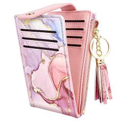 Simikol Schlanke Kartenhalter-Geldbörse für Frauen, RFID-blockierendes Leder, mehrere Karten, Falttasche mit Quasten-Reißverschluss, Münzfach, Rosa Marmor von Simikol