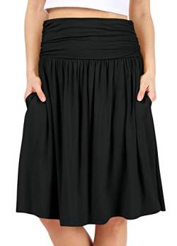 Simlu Röcke für Frauen Regular und Plus Size Rock mit Taschen unterhalb der Knielänge geraffte fließende Midirock, Schwarz, Groß von Simlu