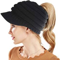 Simoda Damen Wintermütze Beanie Mütze Winter Strickmütze Schirmmütze Hüte Mützen Caps Gestrickte Baseballmütze Pferdeschwanz Mütze mit Zöpfen Loch (Black) von Simoda