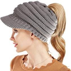 Simoda Damen Wintermütze Beanie Mütze Winter Strickmütze Schirmmütze Hüte Mützen Caps Gestrickte Baseballmütze Pferdeschwanz Mütze mit Zöpfen Loch (Light Gray) von Simoda