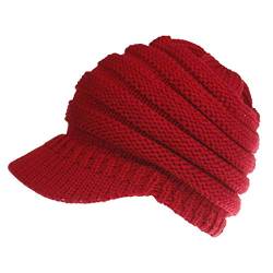 Simoda Damen Wintermütze Beanie Mütze Winter Strickmütze Schirmmütze Hüte Mützen Caps Gestrickte Baseballmütze Pferdeschwanz Mütze mit Zöpfen Loch (Red) von Simoda