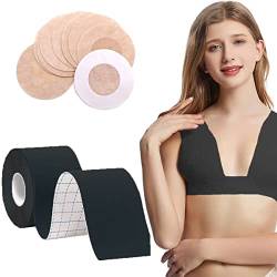 Simoda Klebe BH,Boob Tape Bruststraffungsband mit 5 Paar Nippelabdeckungen Push up Trägerlos Selbstklebend Body Tape für Brautkleid Abendkleid Ballkleid (Schwarz) von Simoda