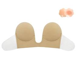 Simoda Klebe BH Trägerloser Unsichtbar BH mit 2 Nippelpads,Rückenfrei Push Up U Plunge BH für Frauen V-Ausschnitt,Rückenfreies Kleid,Beige,B von Simoda