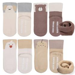 Simpeak 4 Paar Socken Baby, ABS Socken Baby Anti Rutsch, Rutschfeste Babysocken Junge Mädchen, Stoppersocken Baby, Kleiner Bär/Welpe/Durian/Weiße Ente Muster, 6-12 Monate von Simpeak