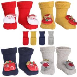 Simpeak 4 Paar Socken Baby, Weihnachten ABS Socken Baby Anti Rutsch, Rutschfeste Babysocken Junge Mädchen, Stoppersocken Baby, Weihnachtsmann/Hirsch/Haus/Rucksack, 0-12 Monate von Simpeak