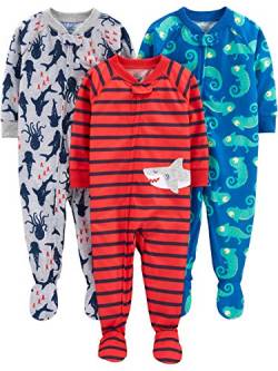 Simple Joys by Carter's Baby-Jungen 3-Pack Loose Fit Flame Resistant Polyester Jersey Footed Pajamas Kleinkind-Schlafanzüge, Blau Chameleon/Grau Haifisch/Rot Streifen, 18 Monate (3er Pack) von Simple Joys by Carter's