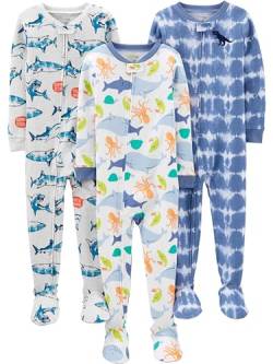 Simple Joys by Carter's Baby Jungen 3-Pack Snug Fit Footed Cotton Pajamas Pyjama-Set, Batik/Haifisch/Meereswelt, 12 Monate (3er Pack) von Simple Joys by Carter's