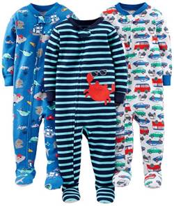 Simple Joys by Carter's Baby Jungen 3-Pack Snug Fit Footed Cotton Pajamas Pyjama-Set, Blau Meereswelt/Marineblau Streifen/Weiß Autos, 12 Monate (3er Pack) von Simple Joys by Carter's