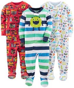 Simple Joys by Carter's Baby Jungen 3-Pack Snug Fit Footed Cotton Pajamas Pyjama-Set, Rot Feuerwehrauto/Weiß Haifische/Monster, 2 Jahre (3er Pack) von Simple Joys by Carter's