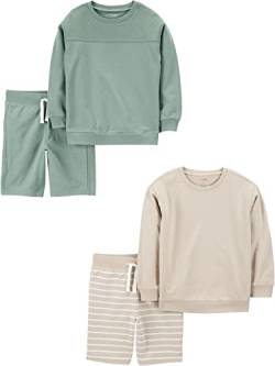 Simple Joys by Carter's Baby-Jungen 4-Piece French Terry Long-Sleeve Shirts and Shorts Playwear-Sets, Beige Streifen/Flaschengrün, 4-5 Jahre (4er Pack) von Simple Joys by Carter's