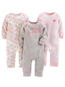 Simple Joys by Carter's Baby-Mädchen 3-Pack Jumpsuits Infant-and-Toddler-Rompers, Grau Herzen/Rosa Floral/Weiß Streifen, 0-3 Monate (3er Pack) von Simple Joys by Carter's